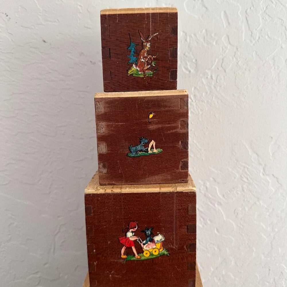 Vintage 30s 40s Wooden Stacking Toy Dovetail Primitive Folk‎ Art